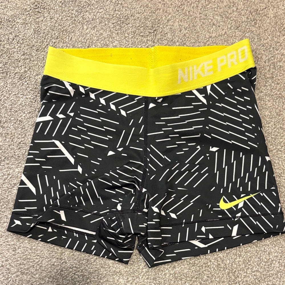 Nike Pro Black and White Patterned Shorts with Yellow Waistband